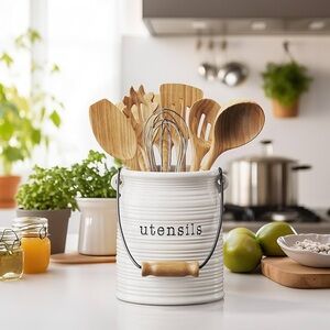 White Utensil Holder with Wooden Utensils